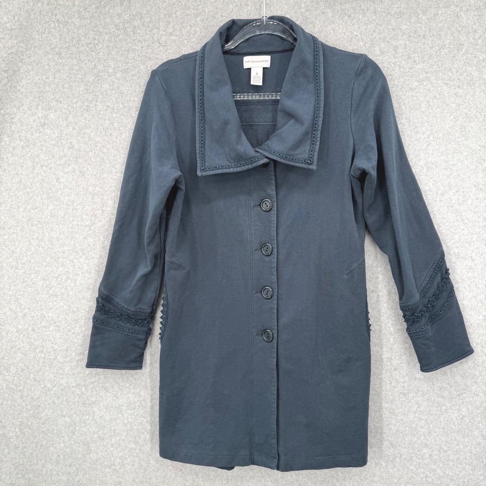 Soft Surroundings Teal Blue Crochet Details Long Sleeve Jacket Coat Size‎ S